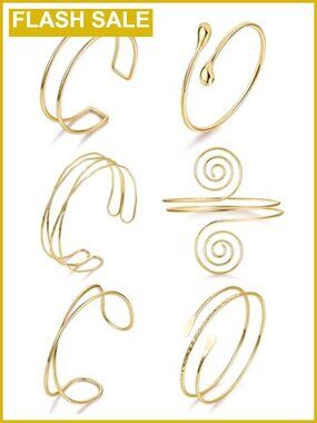 Boho Coil Arm Cuff Bangle Set - 6 Piece Adjustable gold plated Open Armlet